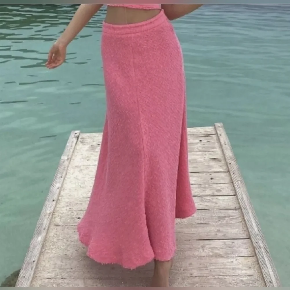 New Zara Long Textured A Line Barbie Pink Maxi Flounce Skirt 2929/469  Size XL‎ - Picture 3 of 12